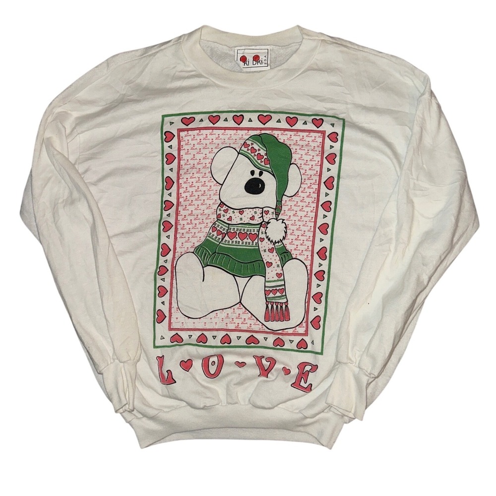 Vintage Ki Dki USA Bear Love Sweatshirt XL White Holiday Graphic Pullover